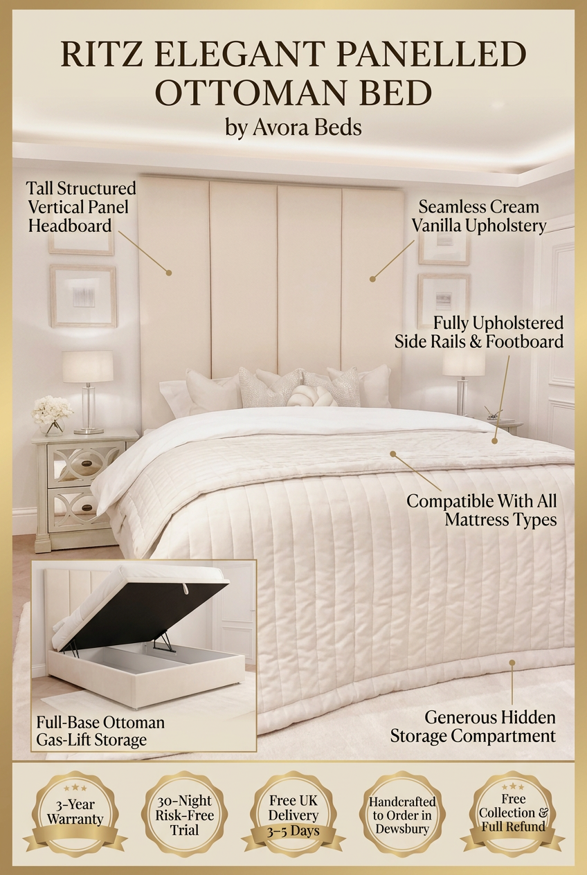 Ritz Ottoman Bed cream and gold portrait infographic