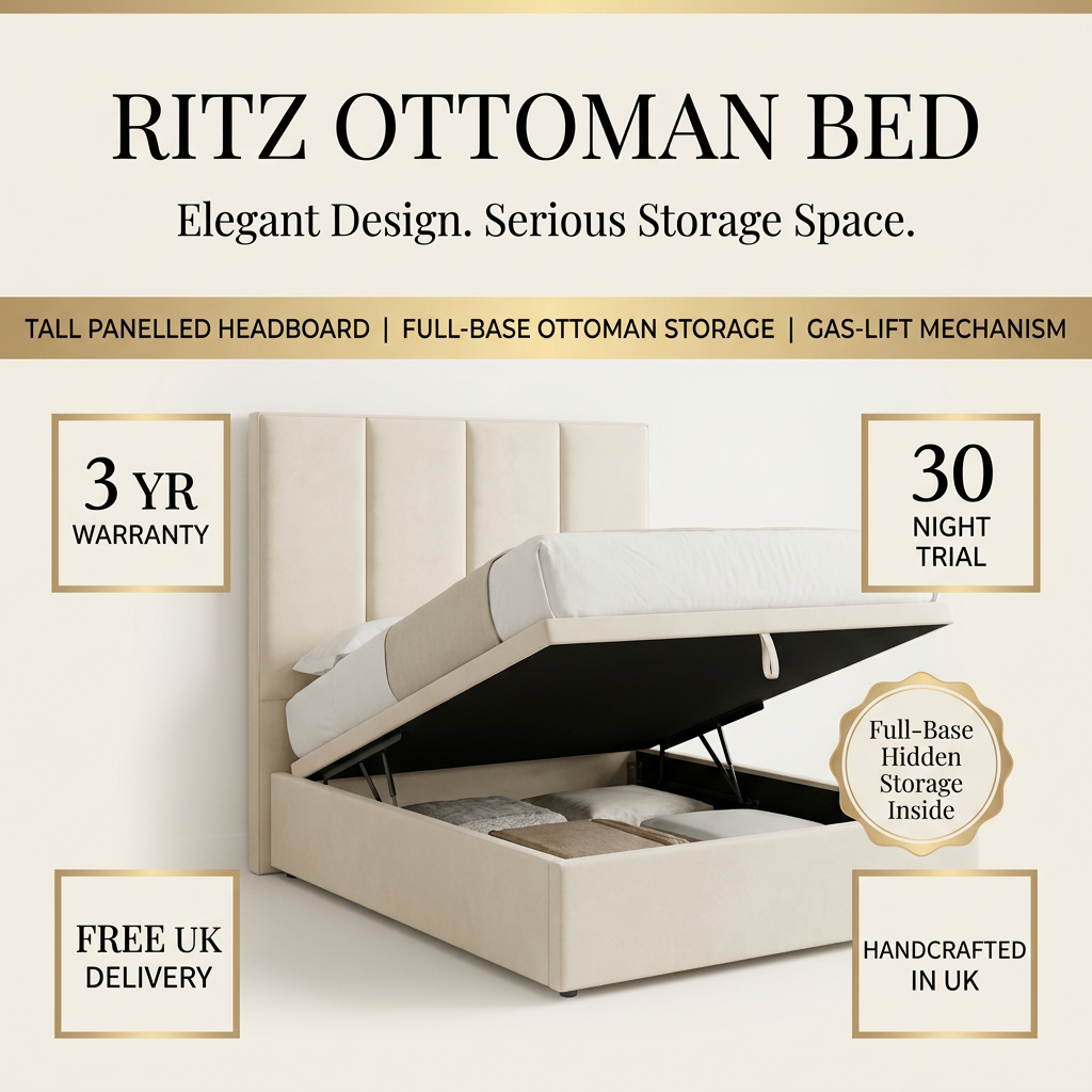 Ritz Elegant Panelled Ottoman Bed cream and gold design